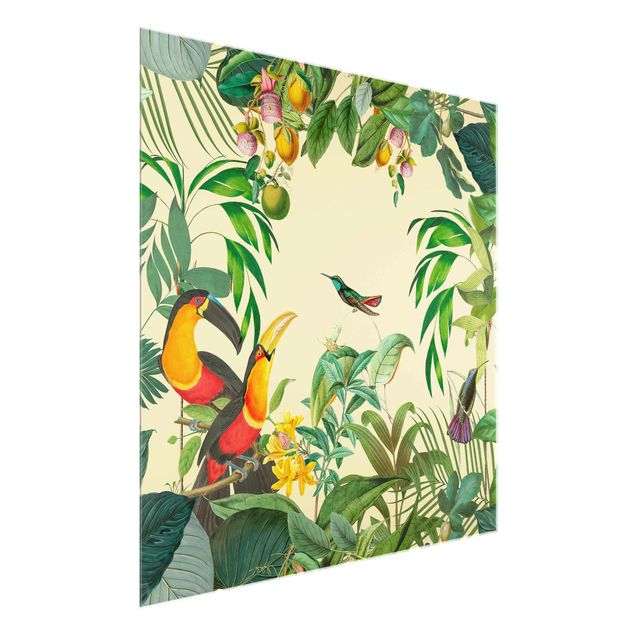 Glasschilderijen Vintage Collage - Birds In The Jungle