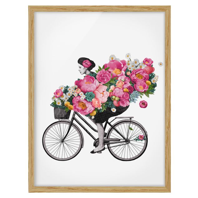 Ingelijste posters Illustration Woman On Bicycle Collage Colourful Flowers