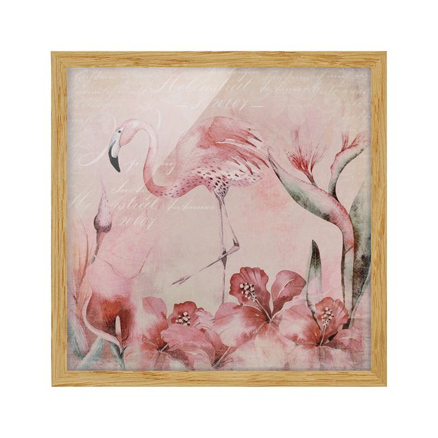 Ingelijste posters Shabby Chic Collage - Flamingo