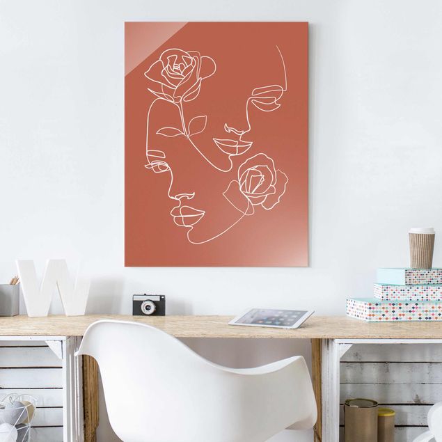 Glas Magnettafel Line Art Faces Women Roses Copper