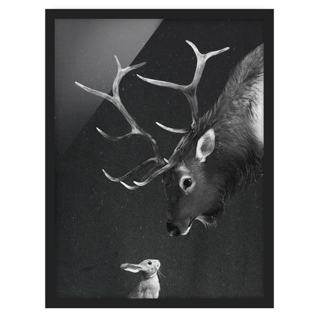 Ingelijste posters Illustration Deer And Rabbit Black And White Drawing