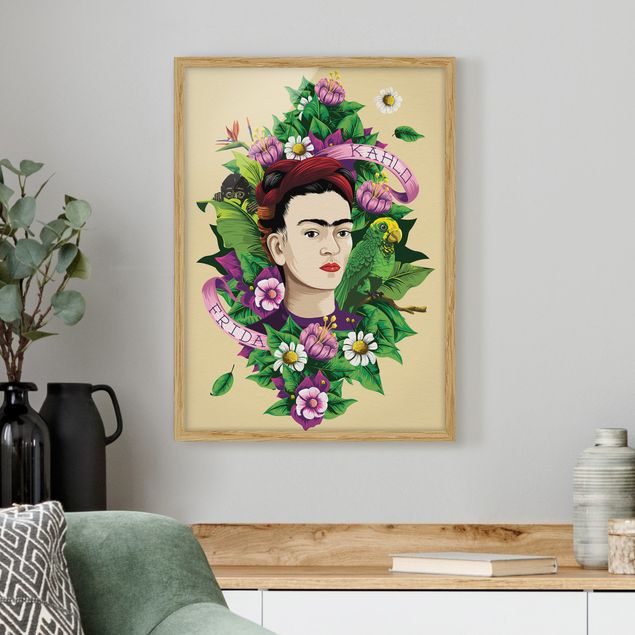 Ingelijste posters Frida Kahlo - Frida, Monkey And Parrot