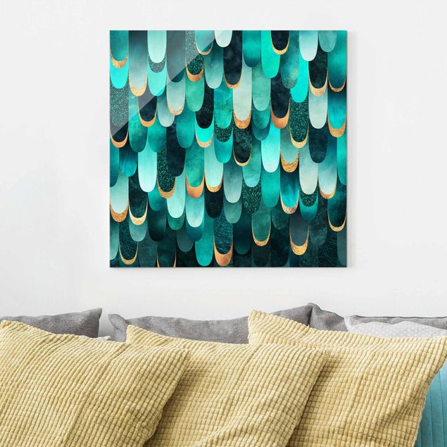 Glas Magnettafel Feathers Gold Turquoise