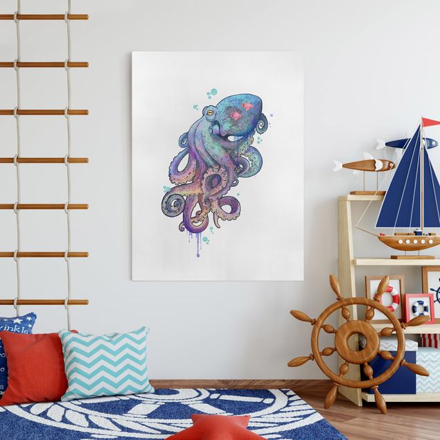 Canvas schilderijen Illustration Octopus Violet Turquoise Painting