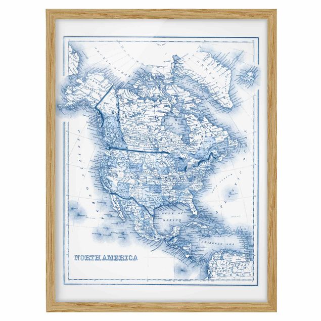 Ingelijste posters Map In Blue Tones - North America