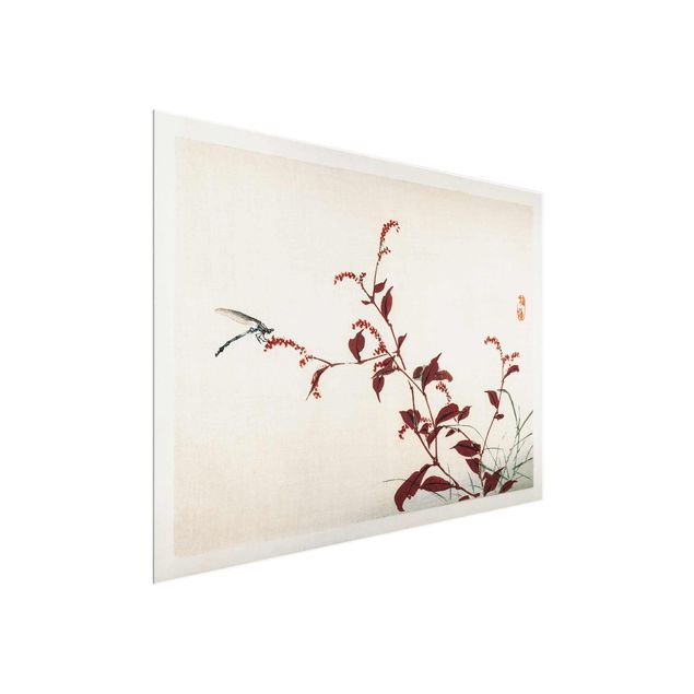 Glasschilderijen Asian Vintage Drawing Red Branch With Dragonfly