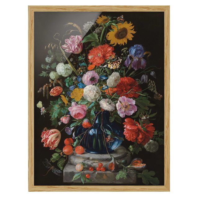 Ingelijste posters Jan Davidsz de Heem - Tulips, a Sunflower, an Iris and other Flowers in a Glass Vase on the Marble Base of a Column