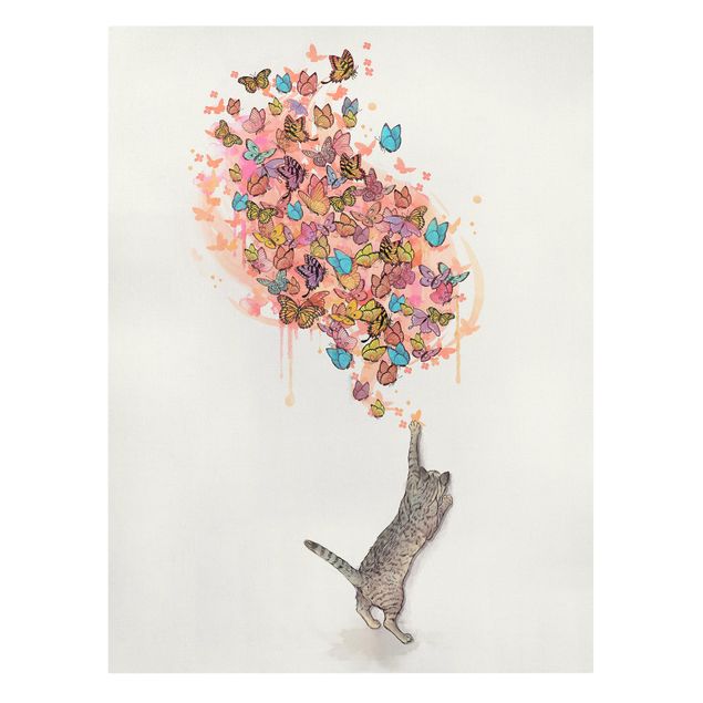 Canvas schilderijen Illustration Cat With Colourful Butterflies Painting