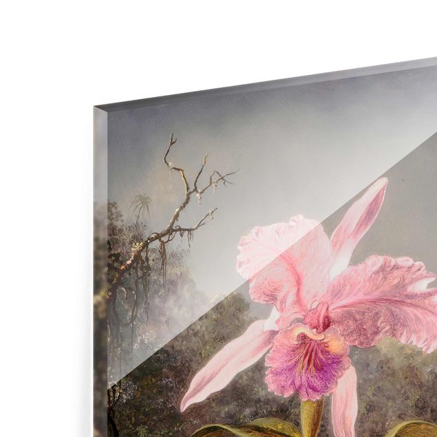 Glasschilderijen Martin Johnson Heade - Orchid And Three Hummingbirds