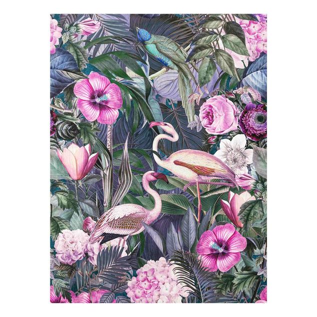 Glasschilderijen Colourful Collage - Pink Flamingos In The Jungle