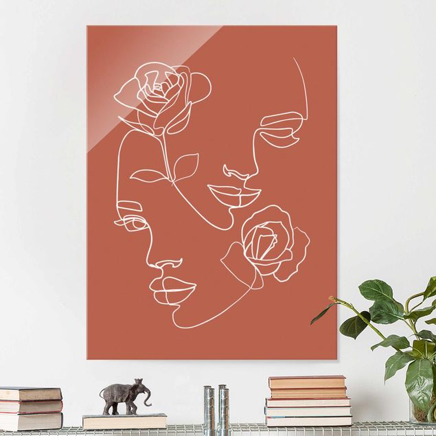 Glasschilderijen Line Art Faces Women Roses Copper