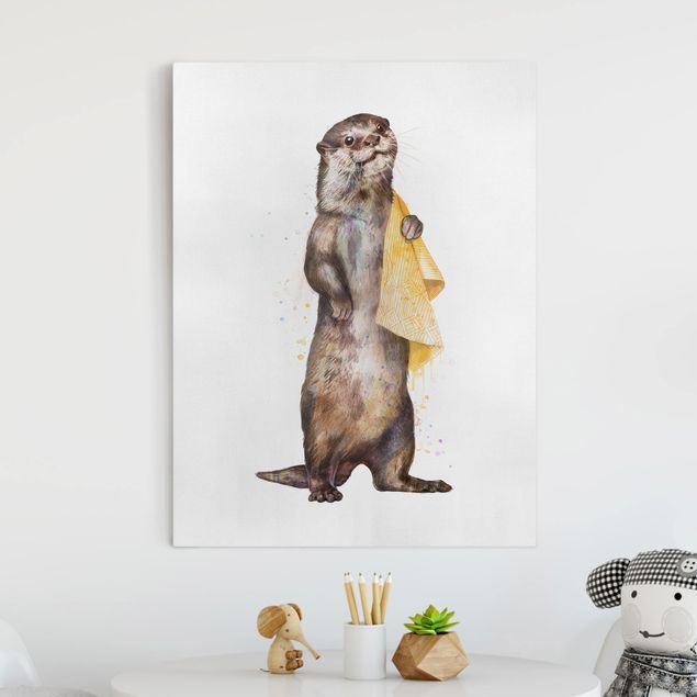 Canvas schilderijen Illustration Otter With Towel Painting White