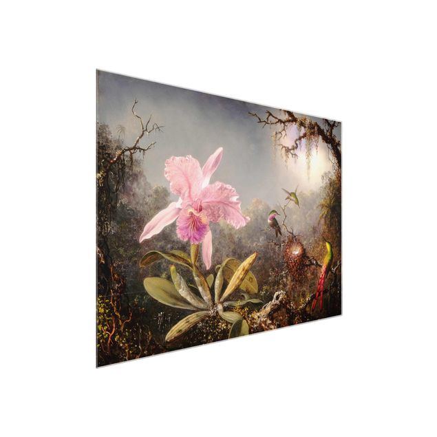 Glasschilderijen Martin Johnson Heade - Orchid And Three Hummingbirds