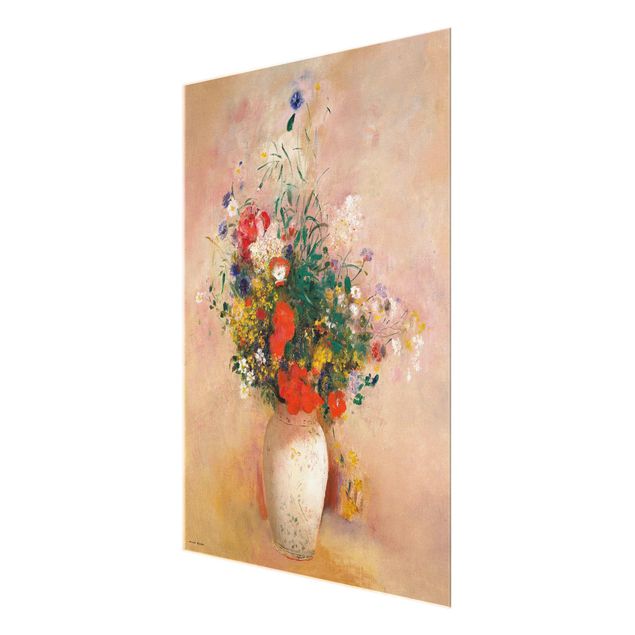 Glasschilderijen Odilon Redon - Vase With Flowers (Rose-Colored Background)