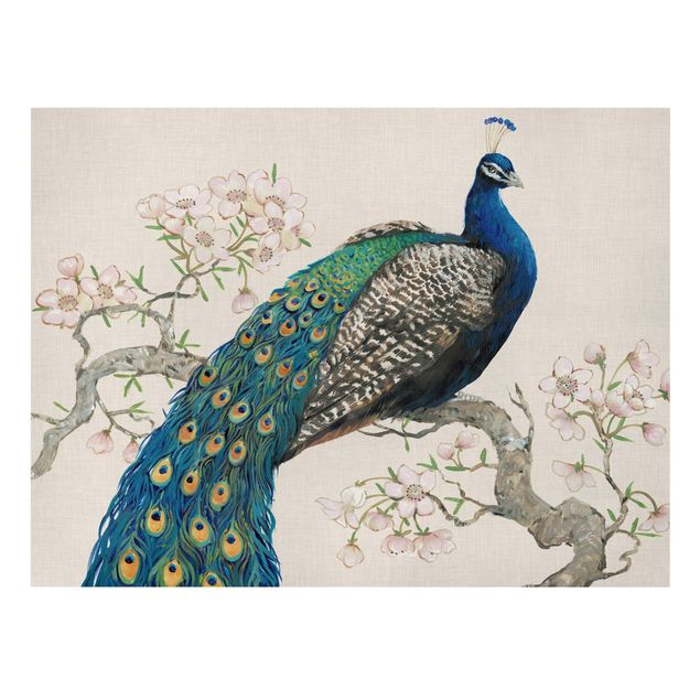 Canvas schilderijen Vintage Peacock With Cherry Blossoms