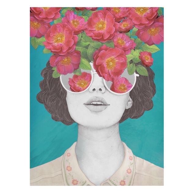 Canvas schilderijen Illustration Portrait Woman Collage With Flowers Glasses