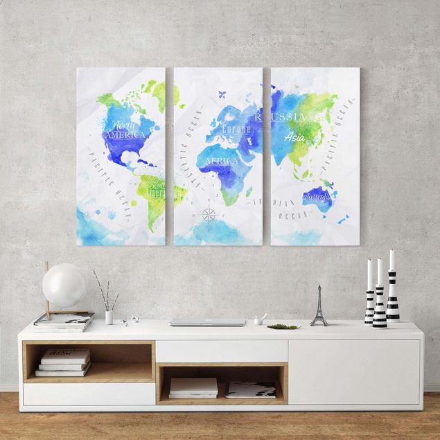 Canvas schilderijen - 3-delig World Map Watercolour Blue Green