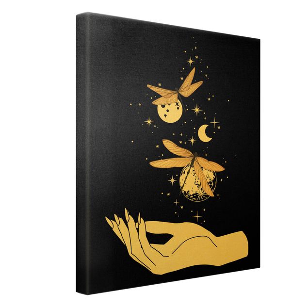 Canvas schilderijen - Goud Magical Hand - Dragonfies And Planets
