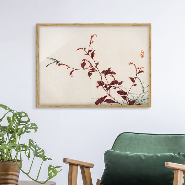Ingelijste posters Asian Vintage Drawing Red Branch With Dragonfly