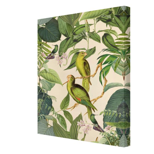 Canvas schilderijen Vintage Collage - Parrots In The Jungle