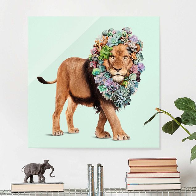 Glasschilderijen Lion With Succulents