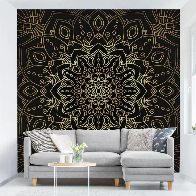 Patroonbehang Mandala Flower Pattern Gold Black
