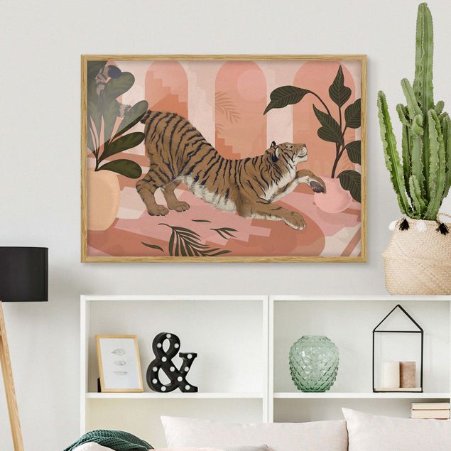 Ingelijste posters Illustration Tiger In Pastel Pink Painting