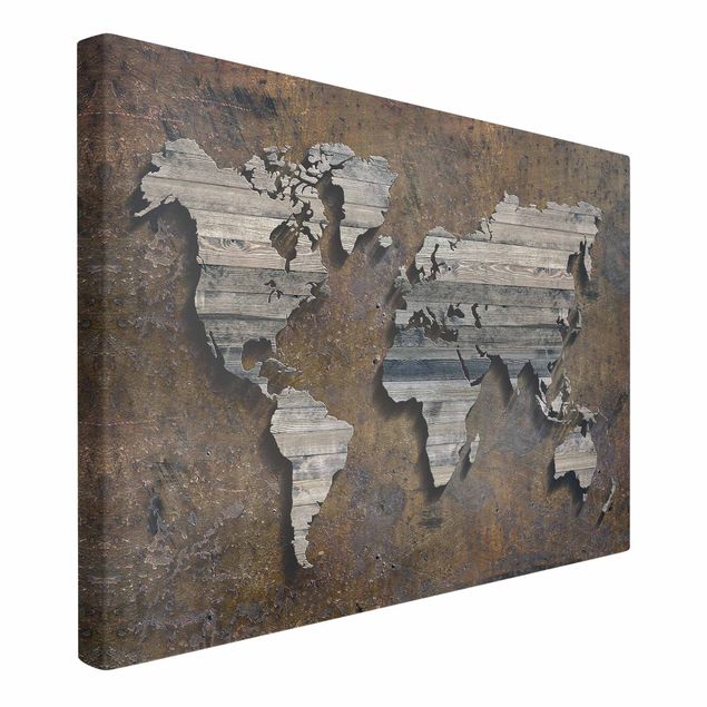 Canvas schilderijen Wooden Grid World Map
