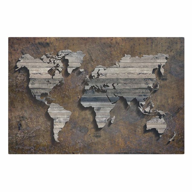 Canvas schilderijen Wooden Grid World Map