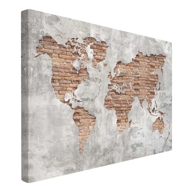Canvas schilderijen Shabby Concrete Brick World Map
