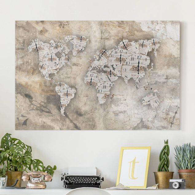 Canvas schilderijen Shabby Clocks World Map