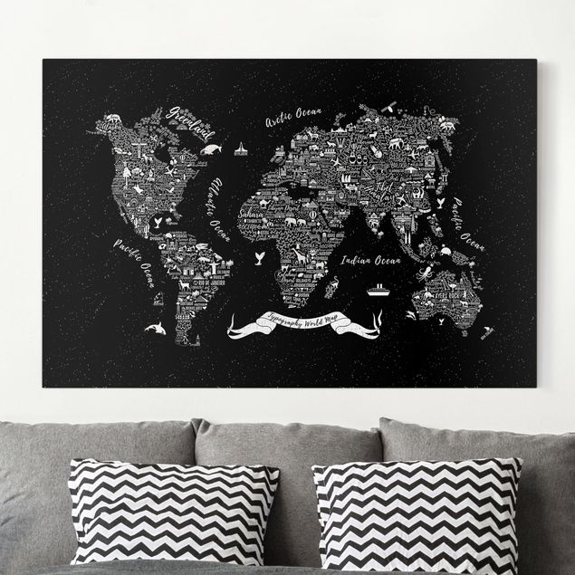 Canvas schilderijen Typography World Map Black