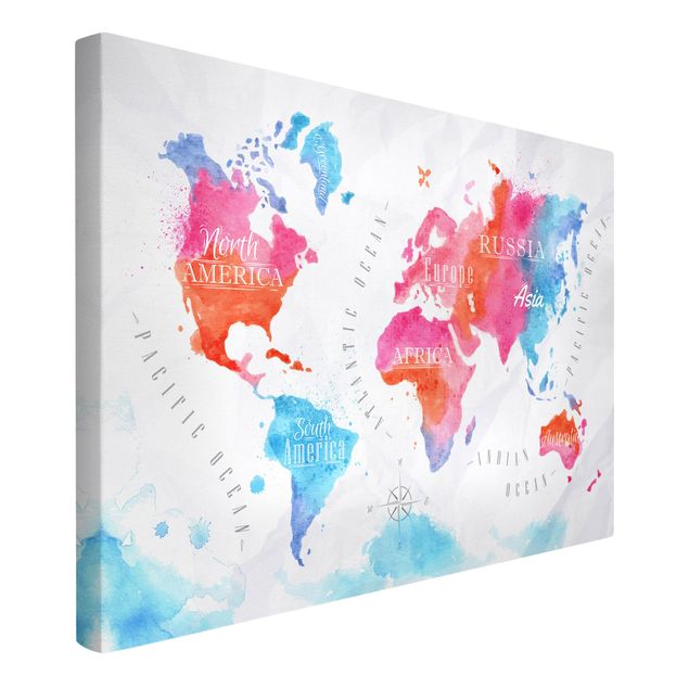 Canvas schilderijen World Map Watercolour Red Blue