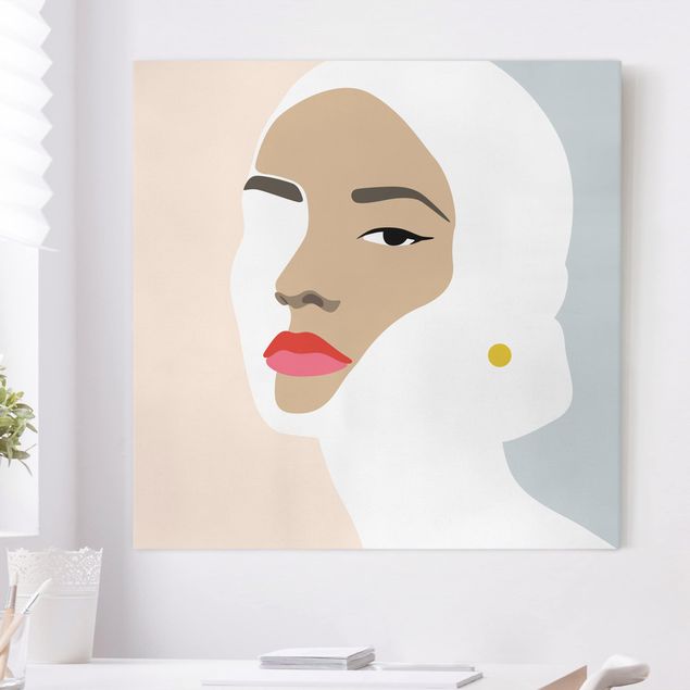 Canvas schilderijen Line Art Portrait Woman Pastel Grey