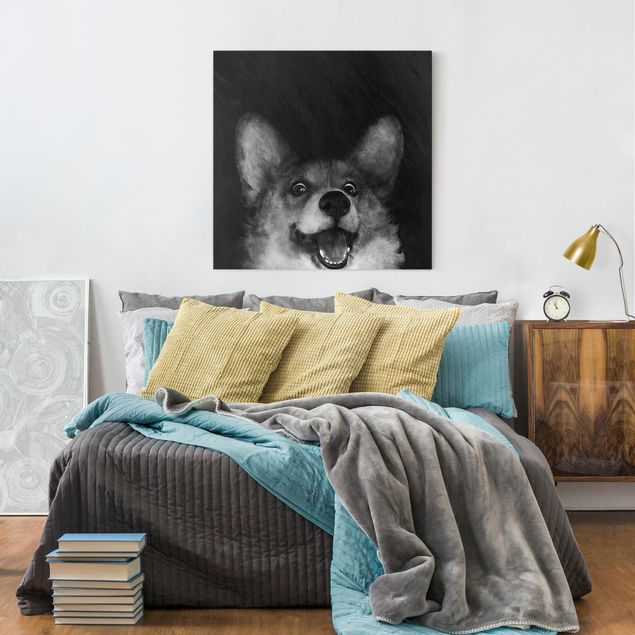 Canvas schilderijen Illustration Dog Corgi Paintig Black And White
