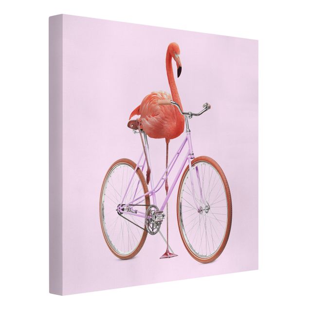 Canvas schilderijen Flamingo With Bicycle