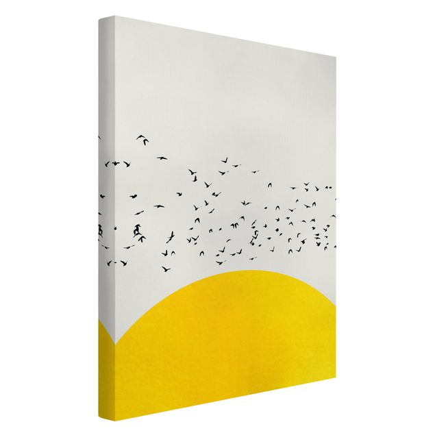 Canvas schilderijen Flock Of Birds In Front Of Yellow Sun