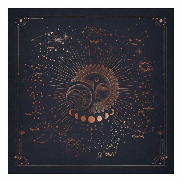 Canvas schilderijen Astrology Sun Moon And Stars Blue Gold