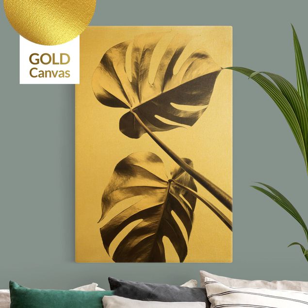 Canvas schilderijen - Goud Golden Monstera Leaves