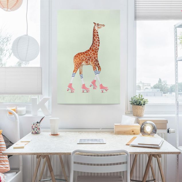 Canvas schilderijen Giraffe With Roller Skates