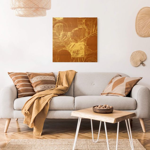 Canvas schilderijen - Goud Shapes And Leaves Copper II