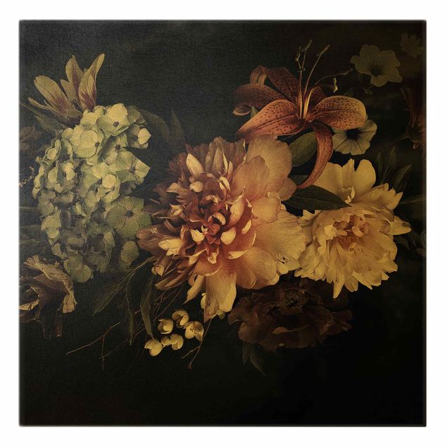 Canvas schilderijen - Goud Flowers With Fog On Black
