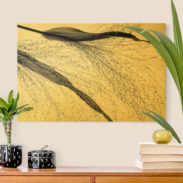 Canvas schilderijen - Goud Delicate Reed With Small Buds Black And White