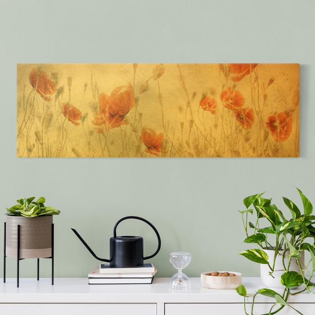 Canvas schilderijen - Goud Poppy Flowers And Grasses In A Field