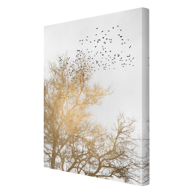 Canvas schilderijen Flock Of Birds In Front Of Golden Tree
