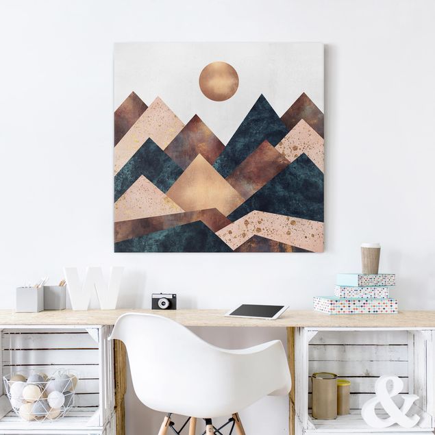 Canvas schilderijen Geometric Mountains Bronze