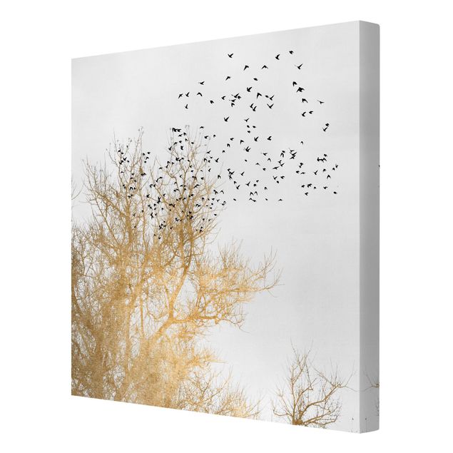 Canvas schilderijen Flock Of Birds In Front Of Golden Tree