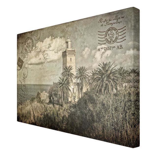 Canvas schilderijen Vintage Postcard With Lighthouse And Palm Trees