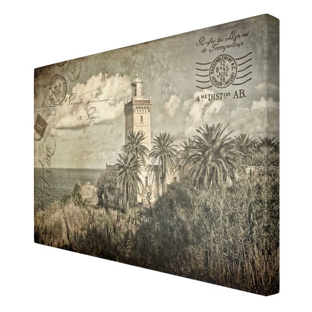 Canvas schilderijen Lighthouse And Palm Trees - Vintage Postcard