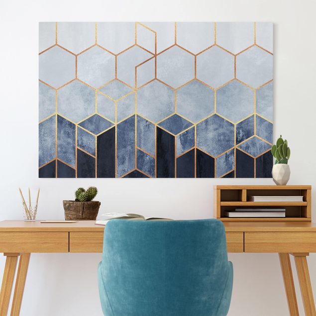 Canvas schilderijen Golden Hexagons Blue White